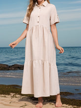 Striped Collared Neck Short Sleeve Dress Tan OutfitFlow